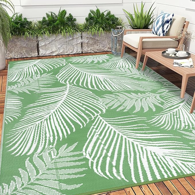 Pauwer Waterproof Outdoor Rug 9x12, Reversible Plastic Straw Patio Camping Rug, Indoor Outdoor RV Mat Carpet for Deck, Camper, Porch, Balcony, Backyard, Picnic, Leaf Green