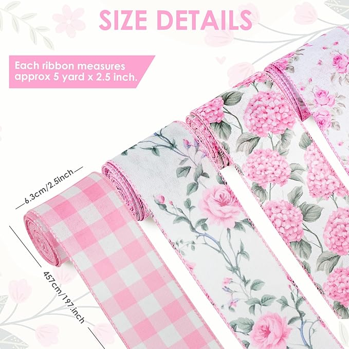 4 Rolls Pink Floral Wired Ribbon Set - 2.5 Inch Wide, 20 Yards Total – Rose Patterned Pink and White Vintage Satin Ribbon for Crafts, Spring, and Floral Decor
