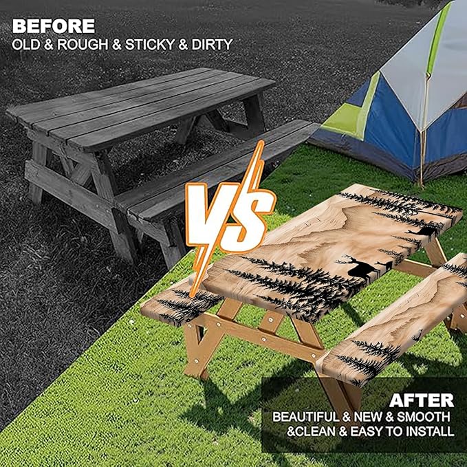 Picnic Table Cover with Bench Covers Camping Essentials Rustic Hunting Deer Forest Waterproof Windproof Camping Tablecloth Fitted Tablecloth Cover with Elastic Edge for Indoor Outdoor 3 PCS 30x96 Inch