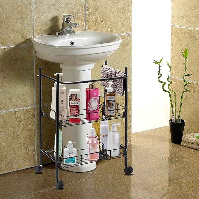 L&H UNICO Under Sink Organizers 2-Tier Removable Shelf Wire Storage Rack for Kitchen Bathroom with Towel Bar, Black