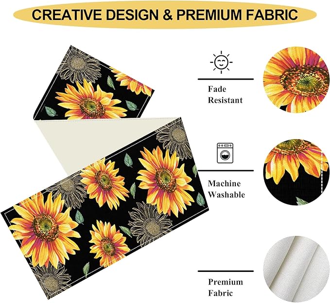 Black Yellow Floral Table Runner, Watercolor Sunflowers Vase Spring Sunshine Summer Farmhouse Rustic Table Center Decor for Home Kitchen Dining Patio Indoor Outdoor Table Decorations, 13"x72" Inch