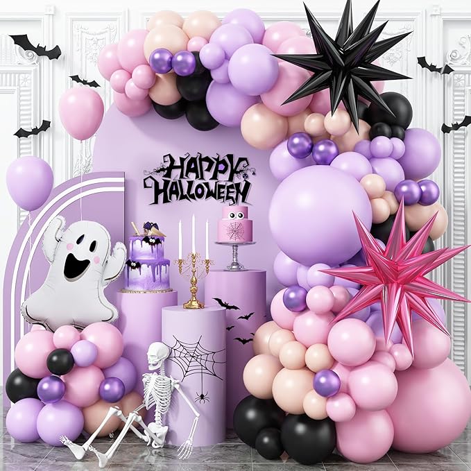 Pastel Halloween Balloon Arch Kit, Purple Pink Orange Black Balloons Garland with Cute Ghost Balloons Pink Explosion Star Foil Balloons for Girls Spooky Birthday Party BOO Halloween Party Decoration