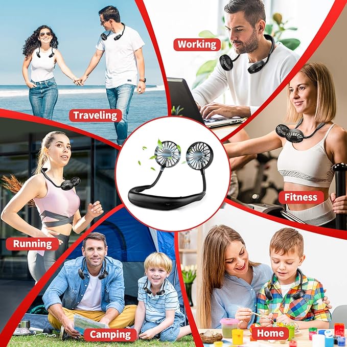 JUANANIUG Portable Neck Fan Rechargeable Personal HandFree Fan Mini USB Wearable Neckband Sport Fan 3 Speed Adjustable 360 Degrees Rotation Perfect for Working Traveling Office Reading (Full Black)