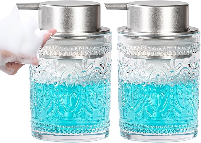 Glass Foaming Soap Dispenser Set - 2 Pack Foam Hand Soap Dispenser for Bathroom, Clear Hand Wash Dispenser Bottle with Matte Silver Pump for Kitchen, 8 Oz Refillable Dish Liquid Foam Dispenser 2 Pcs