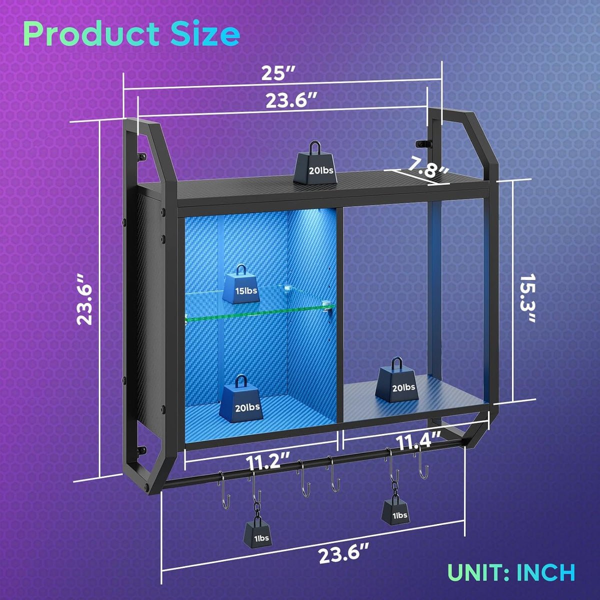 Bestier 25" LED Gaming Floating Shelves for Wall, Wall Mounted Shelf Pipe Adjustable Glass Shelves, Hanging Display Rack with 6 S-Hooks Towel Bar