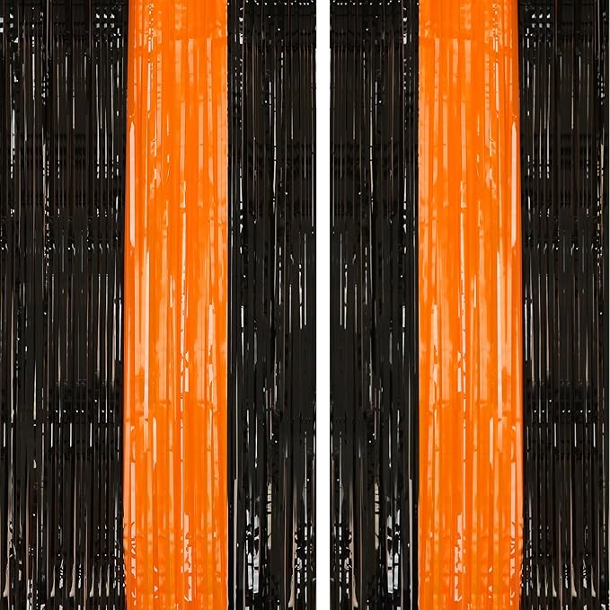 PIGETALE 2 Pack Black and Orange Tinsel Foil Fringe Curtain, 3.2Ftx8.2Ft Halloween Backdrop Curtains Photo Booth Props Streamers Christmas Birthday Party Anniversary Wedding Retirement Decorations