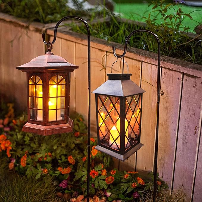 Solar Outdoor Lantern, Garden Hanging Waterproof Lanterns PVC Upgrade 3 LED Flickering Flameless Candle Decorative for Garden Women Mom Grandma Halloween Gifts (Grid Candle)