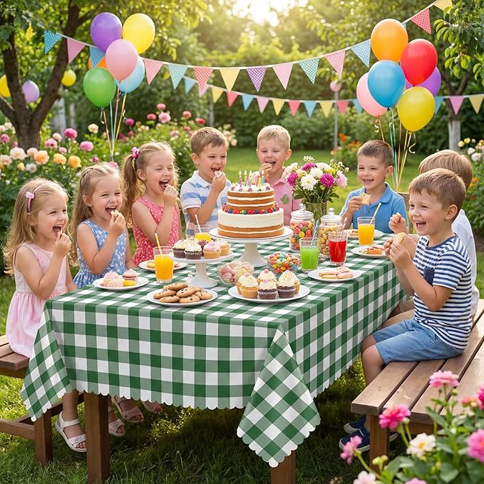 NatNarr 3 Pack Green Gingham Tablecloths, 54 X 108Inch Disposable Scalloped Green and White Checkered Table Cloth, Waterproof Table Cover for Party Picnic Birthday Barbecue Camping Wedding