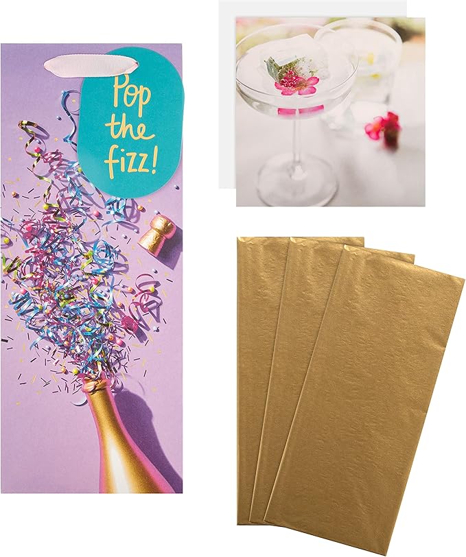 Hallmark Multi Occasion Gift Wrap and Card Bundle - 1 Bottle Bag, 3 Gold Tissue Paper Sheets and 1 Blank Card in Contemporary Designs