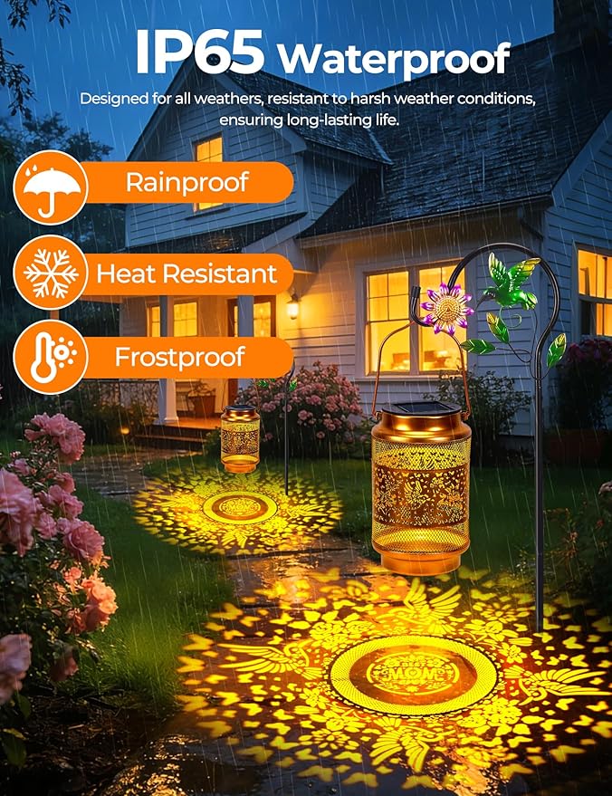 Mothers Day Gifts Hummingbird Solar Lantern Outdoor Waterproof with Shepherd Hook, Metal Hanging Hummingbird Garden Decor, Birthday Gifts for Women Mom Grandma Sister