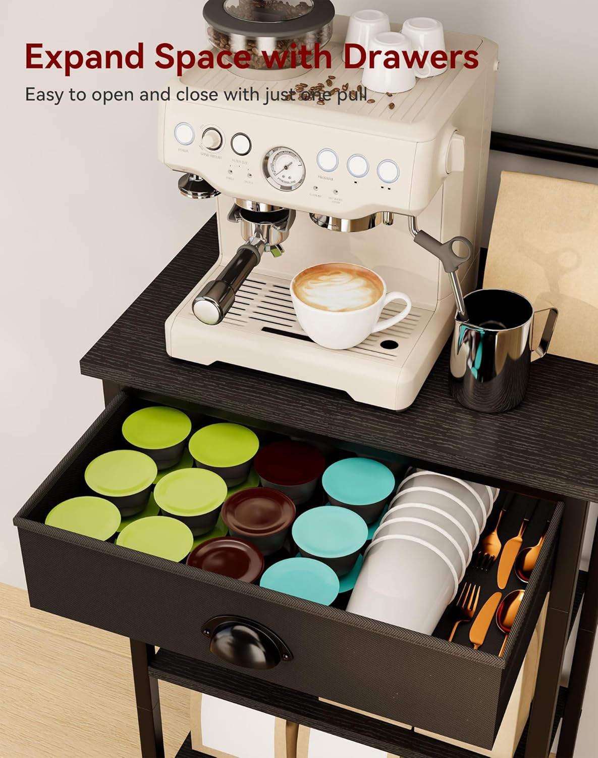 Ymyny 5 Tier Coffee Bar Station, Coffee Stand with Fabric Drawers, 8 S-Shaped Hooks, Corner Bar Cabinet, Height Adjustable, Bakers Rack for Kitchen