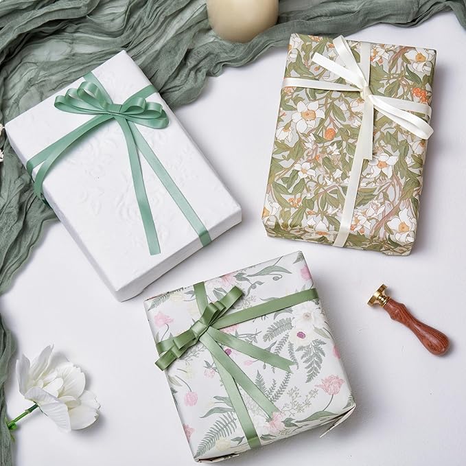 QIANF Sage Green Double Face Satin Ribbon 3/8 Inch x 45 Yards Moss Green Cream Fabric Ribbon for Gift Wrapping, Flower Bouquets, Bows Making, Wedding Decoration, Invitations, Christmas (3 Rolls *15Yd)