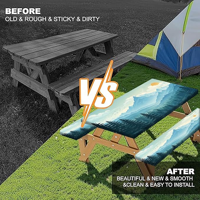 Picnic Table Cover with Bench Covers and Bag, Forest Mountain Sunset Camping Tablecloth, Waterproof Windproof Oilproof Elastic Edges Fitted Tables Cover for Indoor Outdoor 3PCS 30x60 Inch (Green)