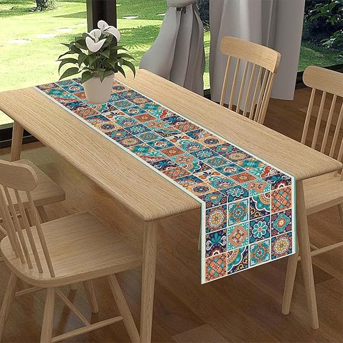 Mexican Table Runner, Blue Rustic Mexico Talavera Ceramic Hand Painted Tiles Cinco De Mayo Coffee Table Center Decor for Family Kitchen and Dining Patio Indoor Outdoor Table Decorations, 13" X 36"
