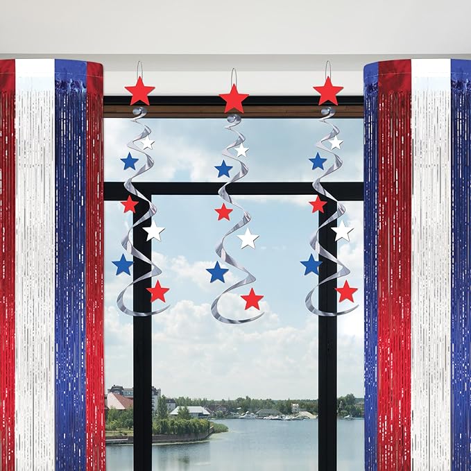 Beistle Red, Silver & Blue Star Whirls, Hanging Patriotic Decorations, USA Party Supplies, Fourth of July, Memorial Day & Themed Holiday Decor