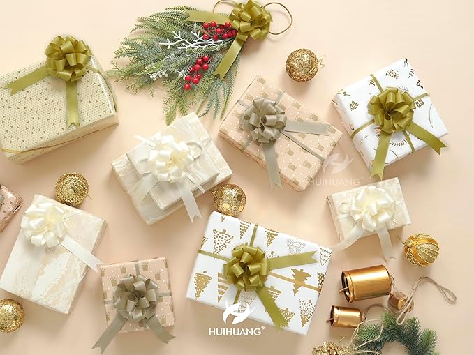 HUIHUANG Gold Christmas Bows for Gift Wrapping 12 PCS Gold Pull Bows 4" x 8" Satin Gift Bow for Presents, Gift Basket, Paper Bag, Wrapping Accessories, Wreaths, Wedding Christmas Decor