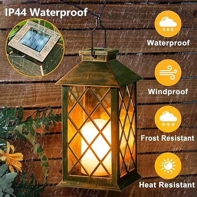 Solar Lanterns Outdoor Waterproof, 2 Pack 9" Glass Hanging Solar Lights with Flickering Flameless Candle, Outdoor Lanterns for Patio Wall Porch Table Garden Yard, Gift for Women Mom - Bronze