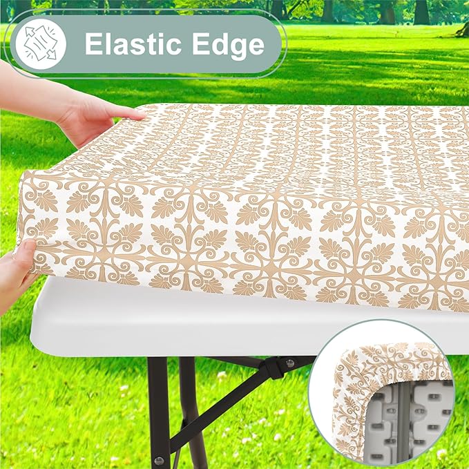misaya Picnic Table Cover with Bench Cover, Waterproof Elastic Fitted Tablecloth for 8 Foot Tables, Rectangle Washable Polyester Tablecloths for Picnic, Camping, Outdoor (Khaki, 30" x 96")