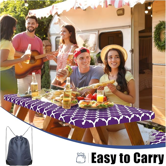 Smiry Picnic Table Cover with Bench Covers, Waterproof Elastic Fitted Tablecloth for 8 Foot Tables, Washable Polyester Tablecloths for Camping, Indoor & Outdoor (Purple, 30x96 Inch 3-pc Set)