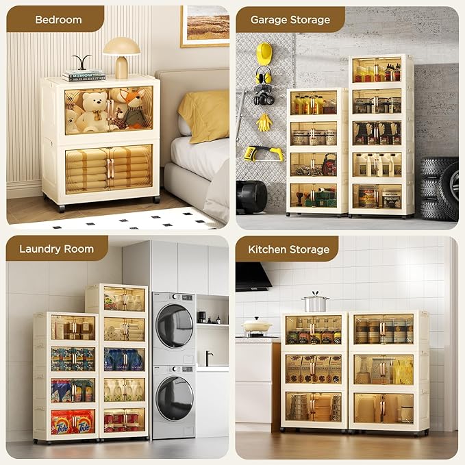 102QT Plastic 4 Tier Storage Bins with Lids,Folding Storage Box with Doors and Wheels Stackable Storage Bins,Closet Organizers and Storage for Living Room,Office,Dorm