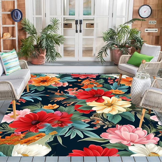 Washable Outdoor Rug with Floral Texture 2x3 Waterproof Non Slip Vibrant Area Rugs for Patio Deck Garden Balcony Large Flower Print Camping Porch Backyard Outside Carpet Red Navy Blue