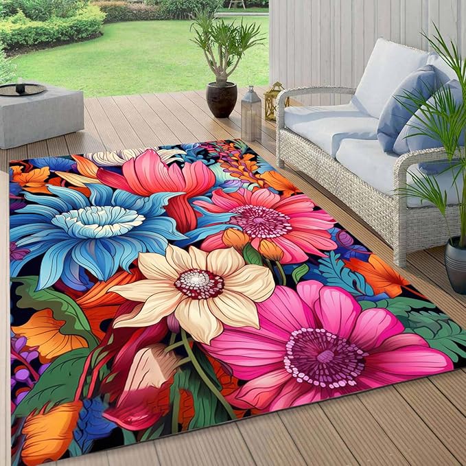 Floral Outdoor Rug Vibrant Waterproof Non Slip Patio Rugs for Balcony Garden Camping Poolside 4x6 Machine Washable Porch Deck Flower Print Outside Carpet Vintage Bathmat Blue Pink