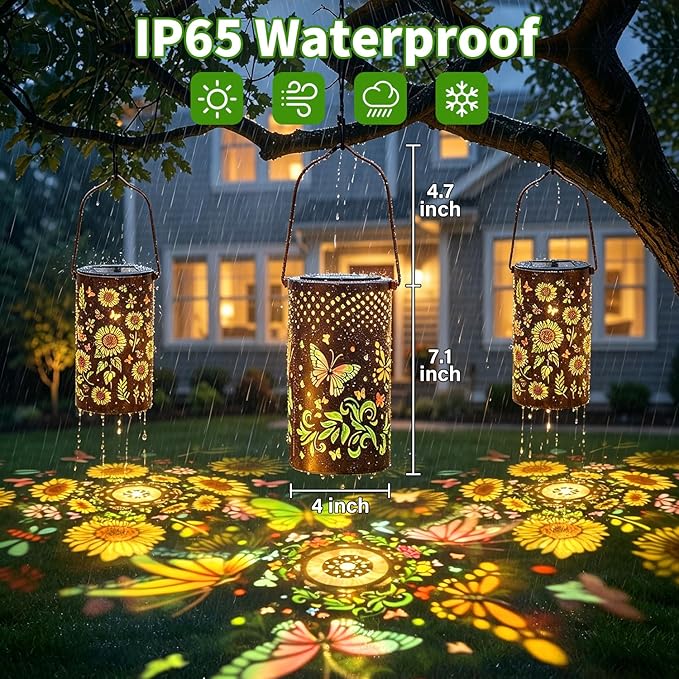 2 Pack Colorful Solar Lanterns Outdoor Waterproof - [Sunflower + Butterfly] - Decorative Outdoor Solar Hanging Lanterns for Porch Courtyard Table Path Garden Decor, Gifts for Mom Wife Grandma Women