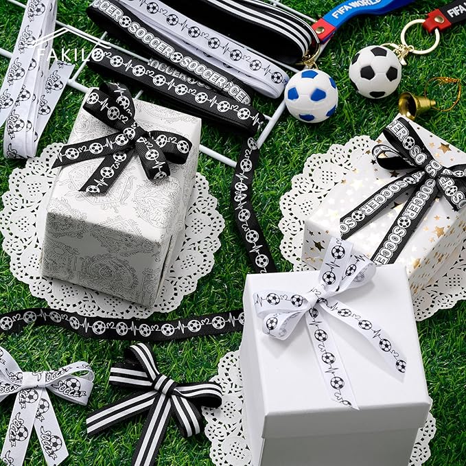 Soccer Ribbons 5 Rolls 20 Yards, 5/8" Black White Stripe Grosgrain Ribbons Sports Ribbons for Theme Party Decor Gift Wrapping Making Hair Tie Bows and Sport Team Decorations