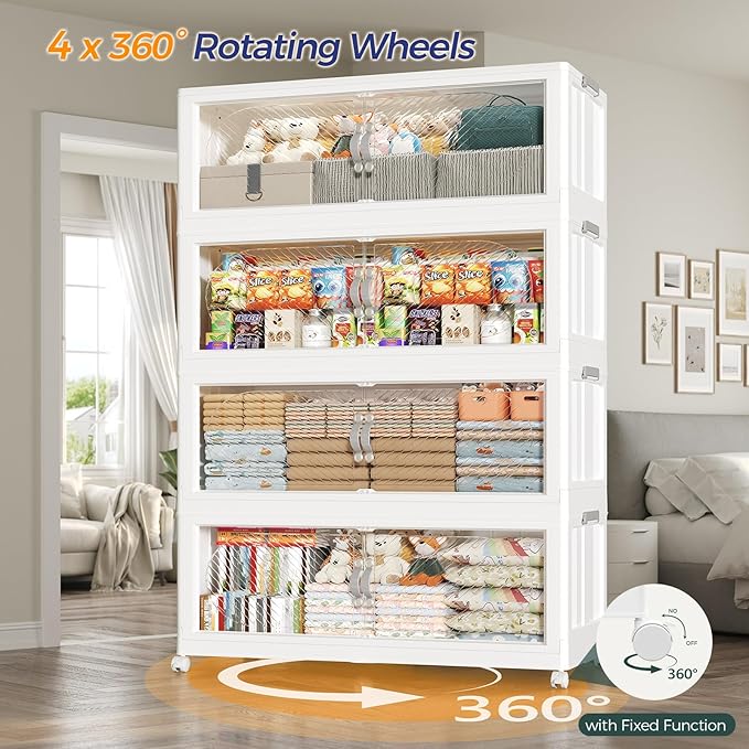 40Gal/120QT 3-Tiers Extra Large Stackable Storage Bins with Lid, Collapsible Cabinet Closet Organizer Plastic Container Box with Wheels Doors Drawers for Living Room Kitchen Office, White