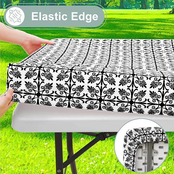 misaya Picnic Table Cover with Bench Cover, Waterproof Elastic Fitted Tablecloth for 6 Foot Tables, Rectangle Washable Polyester Tablecloths for Picnic, Camping, Outdoor (Black, 30" x 72")