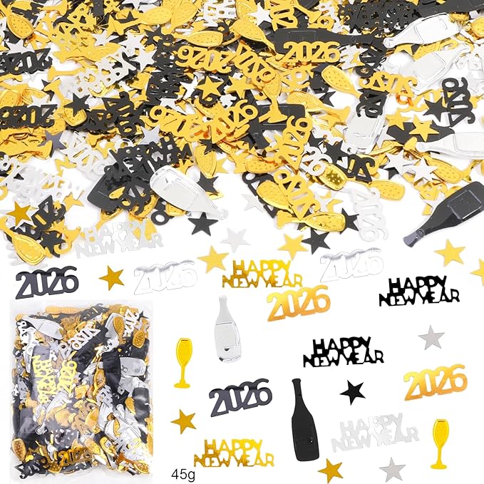 HOWAF 2026 New Year Party Decoration Supplies, New Years Confetti Decoration- Black, Gold, Silver Wine Bottle Glitter Sequins Star Foil Confetti for Happy New Year Eve Decorations Table Scatters