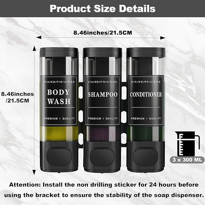 CeeVian Shampoo Dispenser Shower Dispenser 3 Chamrber No Drill Wall Mounted for Shower Shampoo and Conditioner Dispenser for Bathroom, Toilet, Hotel & Kitchen,3 * 300ML (Black)