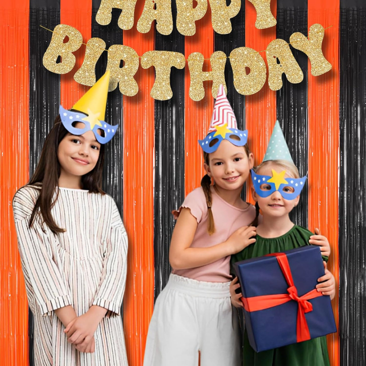 Braveshine Tinsel Photo Backdrop Curtains - 2 Pack 3.2x8.2ft Black Orange Foil Fringe Streamer Curtain for Birthdays, Halloweens, Basketball