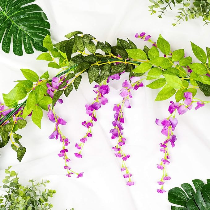 Lvydec Wisteria Artificial Flowers Garland, 4 Pcs Total 28.8ft Artificial Wisteria Vine Silk Hanging Flower for Home Garden Outdoor Ceremony Wedding Arch Floral Decor (Purplish Red)