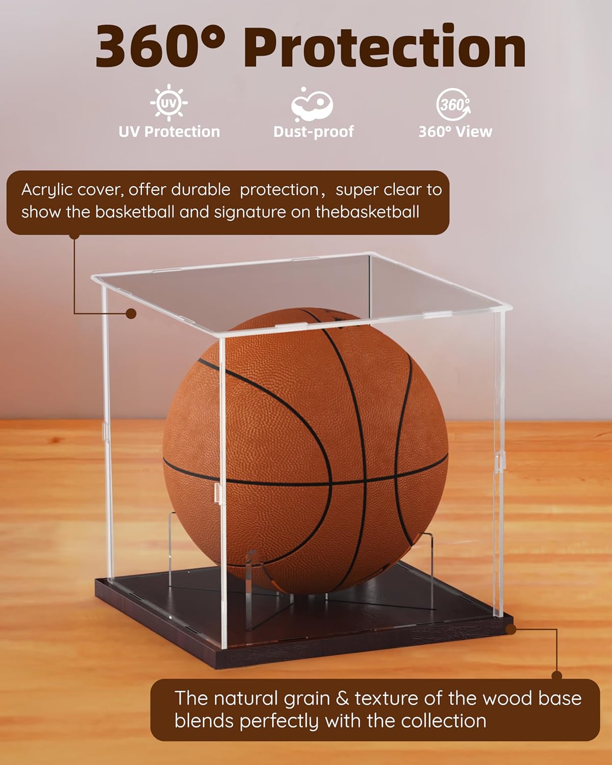 Basketball Display Case Acrylic Clear, UV Protected Basketball Stand Box Full Size with Solid Wood Base