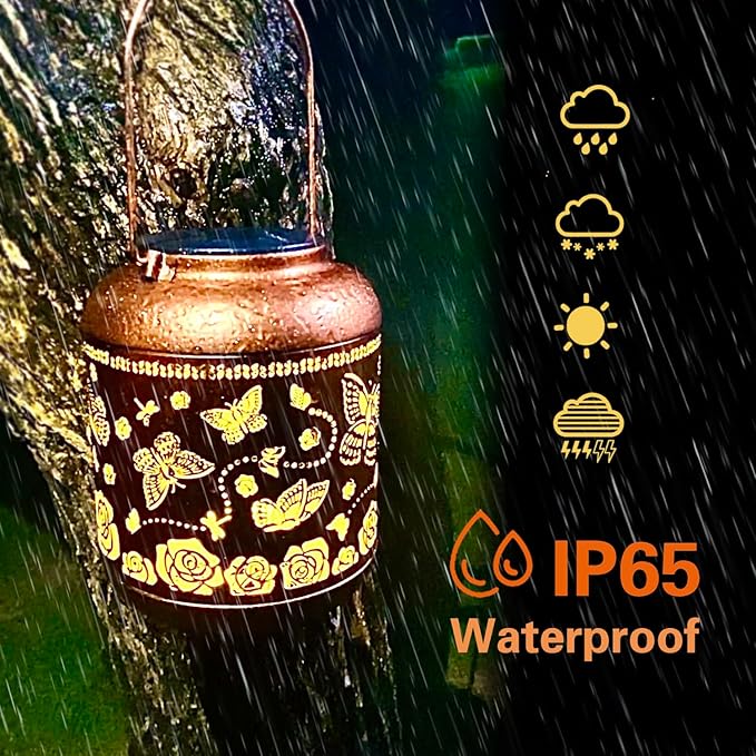 2 Pack Butterfly Outdoor Solar Hanging Lanterns Waterproof LED Solar Lights Metal Decorative Lanterns for Garden, Patio, Courtyard, Backyard, Yard Decor Unique Butterfly Gifts for Women Gardening