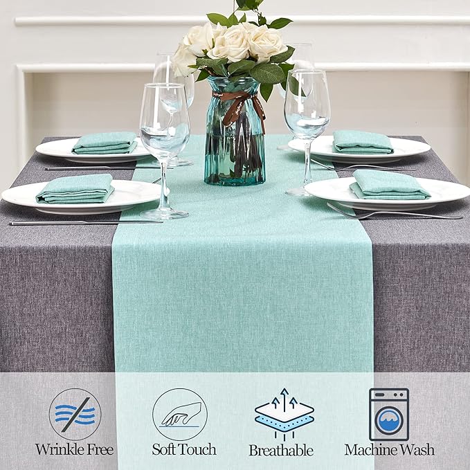 Mebakuk Linen Farmhouse Table Runner Large Burlap Style Soft and Waterproof Decorative Fabric Runner for Outdoor Wedding and Dinner (14 x 108 Inch,Turquoise Blue )