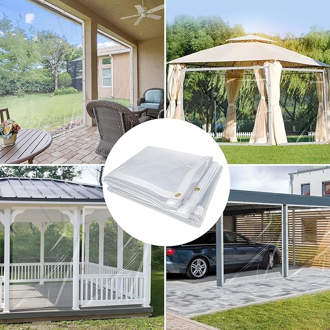 8 x 8FT Outdoor Clear Tarp Curtain Waterproof Wind-Proof 24 Mil Transparent Vinyl Tarp for Patio Pergola Garden Canopy Rainproof Anti-Tear PVC Thick Cover with Grommets