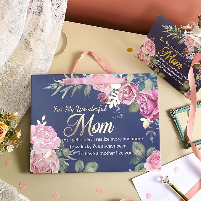 WRAPAHOLIC 13" Large Mom Birthday Gift Bag with Card and Tissue Paper - Elegant Floral and Gold Foil For My Wonderful Mom Lettering Design