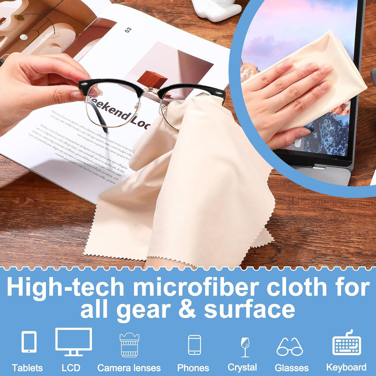 Frienda 12 Pack Large Microfiber Glass Cleaning Cloths 12 x 12 Inch Oversized Eyeglass Sunglasses Cleaning Cloths for Electronics Glasses Screens and Lenses(Beige)