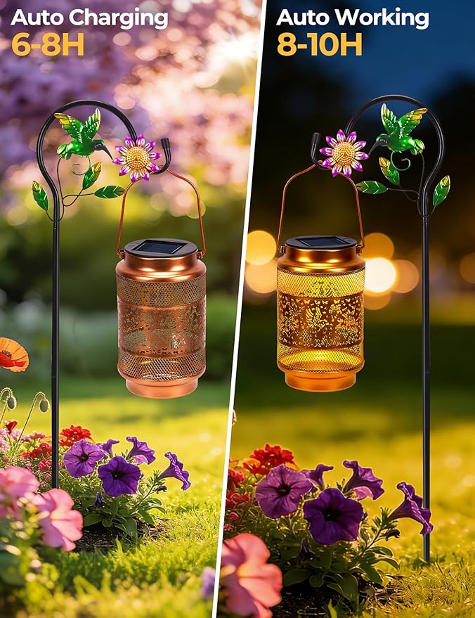 Mothers Day Gifts Hummingbird Solar Lantern Outdoor Waterproof with Shepherd Hook, Metal Hanging Hummingbird Garden Decor, Birthday Gifts for Women Mom Grandma Sister
