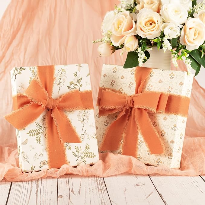 Burnt Orange Cotton Ribbon 1 Inch Burnt Orange 3 Rolls 21 Yards Frayed Edge Fabric Set for Wedding Decor, Bridal Bouquet Wrap, Baby Shower, Gift Wrapping, Fall Decor & Halloween Party