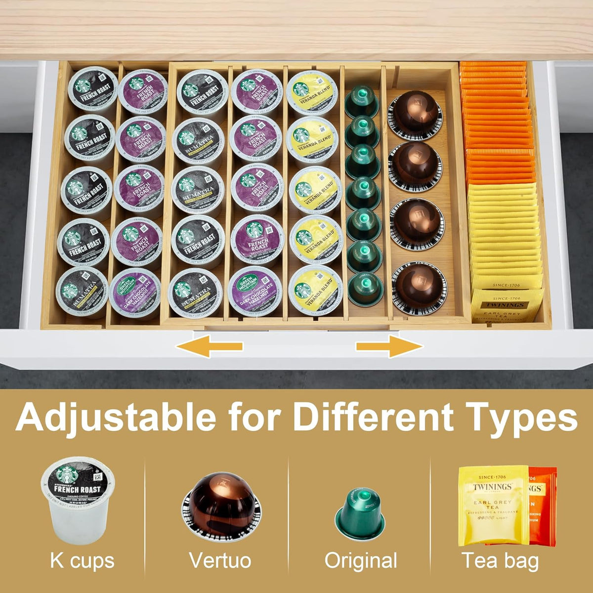 MinBoo Bamboo K Cup Holder for Drawer or Countertop Coffee Pod Holder Expandable K Cup Pod Storage Tea bag organizer K Cup Storage for Coffee Station