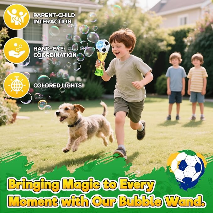 Bubble Machine - Bubble Wand for Kids Ages 3+, Light up Bubble Wand with 2 Bubble Solutions, Soccer Bubble Blower for Toddlers, Outdoor Bubble Toys for Boys, Birthday Gifts for Boys & Girls