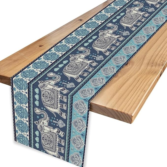 Boho Elephant Table Runner, Rustic African Tribe Animal Diwali India Damask Mandala Art Print Blue Coffee Table Center Decor for Home Kitchen Dining Holiday Party Outdoor Table Decorations, 13"x90"