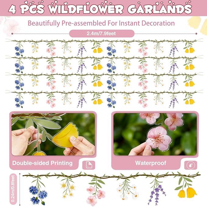 JIAYIQI 4PCS Wildflower Party Decorations - 7.9FT Per Pre-Strung Floral Garlands for Baby Shower Bloom Birthday Tea Party Wedding - Reusable Flower Banner for Garden Theme Woodland Party Decorations