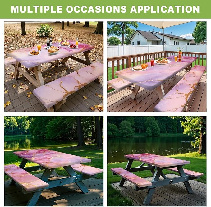 ANNA QUEEN 6FT Pink Marble Outdoor Table Cover with Bench Covers Picnic Table Cover Set 3PCS 72"x30", Outdoor Bench and Tablecloth Furniture Protection