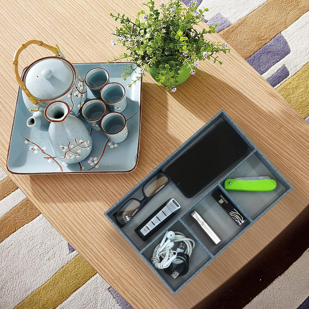 Desktop Storage Organizer, Bedside Table or Storage rack Leather Tray, Valet Tray, Dresser Organizer, 4 Compartments