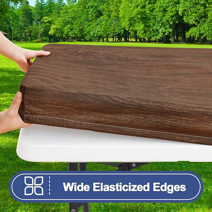 Smiry Picnic Table Cover with Bench Covers, Waterproof Elastic Fitted Tablecloth for 5 Foot Tables, Washable Polyester Tablecloths for Camping, Indoor & Outdoor (Brown, 30x72 Inch 3-pc Set)