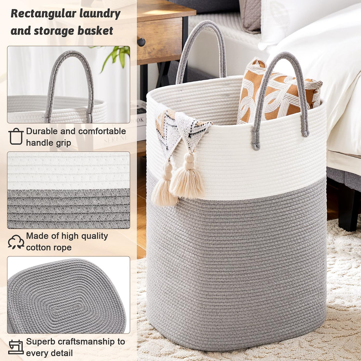 Laundry Basket,Woven Cotton Rope Laundry Hamper,Versatile Storage for Dirty Clothes,Baby Toys,and Blankets in Bathroom, Nursery,and Living Room (Grey, 80L)